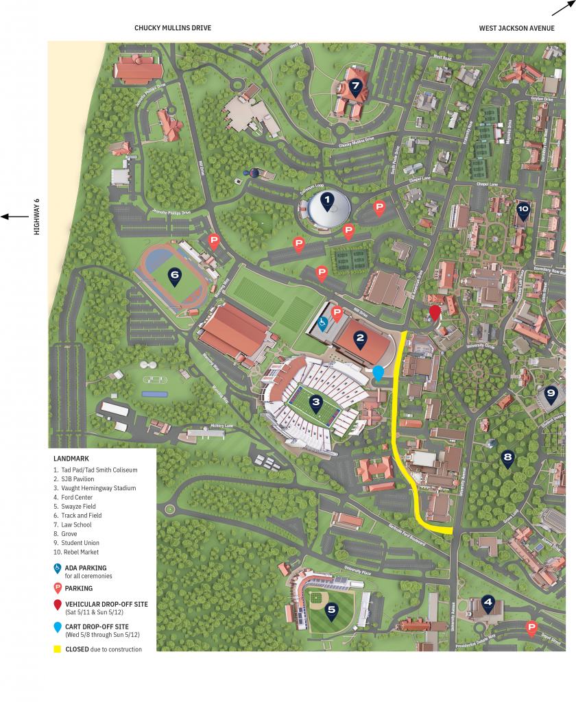 A map showing parking locations and drop-off sites for 2024 Commencement at Ole Miss